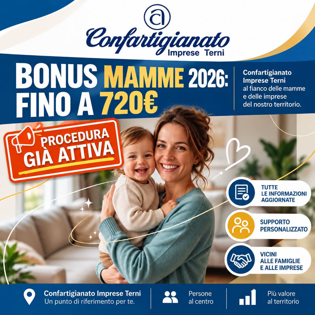 Al momento stai visualizzando Bonus Mamme 2026: fino a 720 euro di contributo. Il Patronato INAPA di Confartigianato Terni a disposizione per le domande